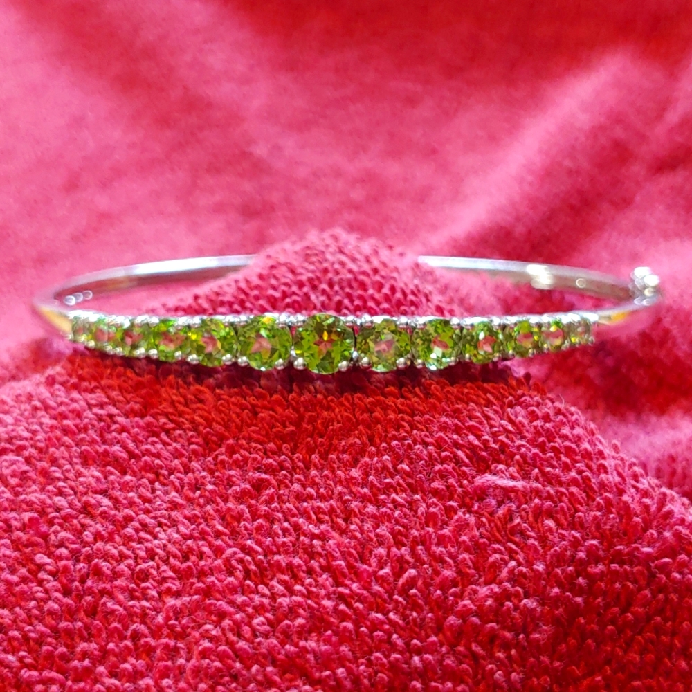 Sterling Silver Natural Peridot Hinged Bangle Large Bracelet